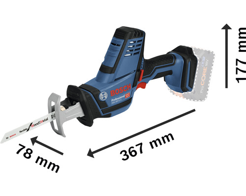 Bosch Akku-Säbelsäge mit den Maßangaben 367 mm Länge, 177 mm Höhe und 78 mm Sägeblattlänge