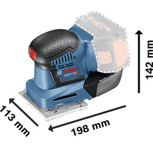 Bosch Professional Akku-Schwingschleifer mit den Maßen 113 mm x 198 mm x 142 mm