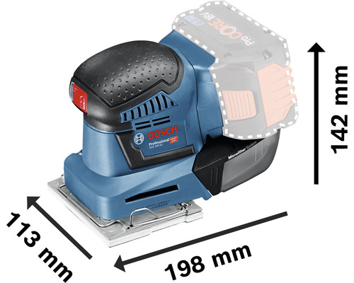 Bosch Professional Akku-Schwingschleifer mit den Maßen 113 mm x 198 mm x 142 mm