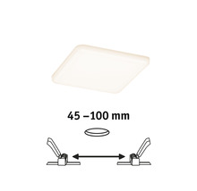 Illustration einer quadratischen Deckenleuchte mit Installationshinweis für einen Deckenausschnitt von 45 bis 100 Millimeter.