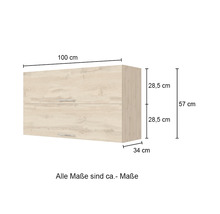 Abbildung mit Maßen eines Badezimmer Unterschranks, 100 mal 57 mal 34 Zentimeter