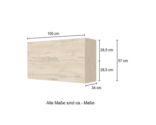 Abbildung mit Maßen eines Badezimmer Unterschranks, 100 mal 57 mal 34 Zentimeter