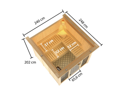 Abmessungen einer Holzsauna mit Bänken und Glasfront