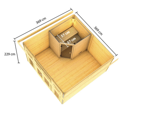 Draufsicht des Gartenhauses mit Sauna und den Maßen 369 mal 369 mal 229 Zentimeter