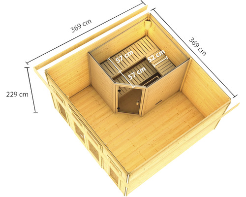 Innenansicht einer Holzsauna mit den Maßen 369 mal 369 mal 229 Zentimeter, inklusive Bänken und Tür