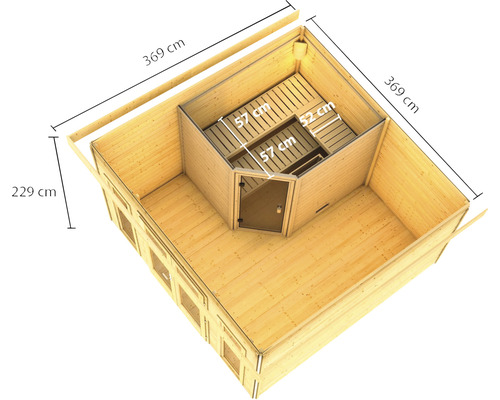 Illustration einer Gartensauna mit den Maßen 369 mal 369 mal 229 Zentimeter.