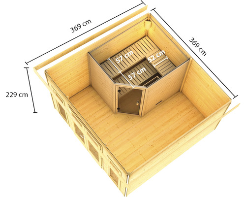 Draufsicht eines Holzhauses mit Sauna und den Maßangaben 369 cm, 229 cm, 57 cm und 52 cm
