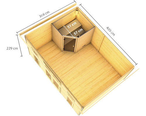 Innenansicht eines Holzgartenhauses mit Sauna und Maßangaben
