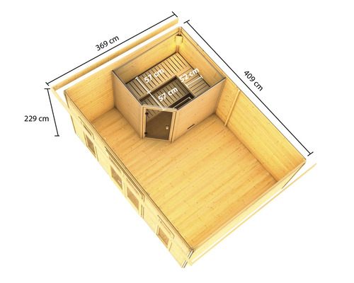 Draufsicht einer Blockbohlensauna mit Maßangaben der Außenwände und des Innenraums