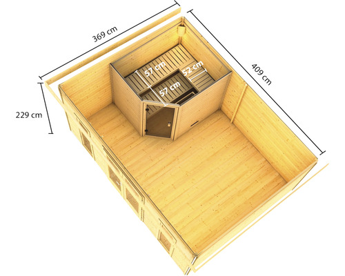 Innenansicht einer Gartensauna mit den Maßen 369 cm x 409 cm x 229 cm