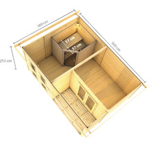 Illustration eines Gartenhauses aus Holz mit Sauna und Maßangaben