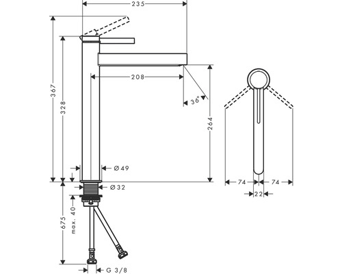 Maßzeichnung einer Armatur mit allen Abmessungen