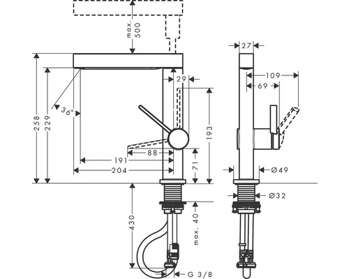 Technische Zeichnung einer Armatur mit Maßangaben