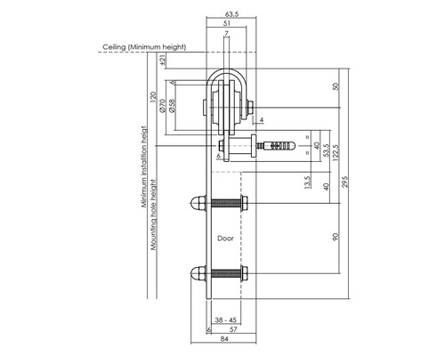 Technische Zeichnung eines Türschiebesystems mit Maßangaben