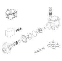 Explosionszeichnung einer Teichpumpe mit Zubehör.