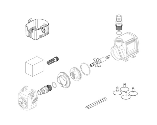 Explosionszeichnung einer Teichpumpe mit Zubehörteilen