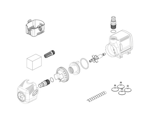Explosionszeichnung einer Teichpumpe mit Einzelteilen