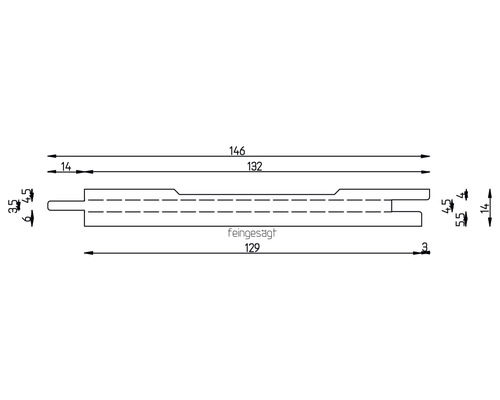 Technische Zeichnung eines feingesägten Brettes mit Maßangaben