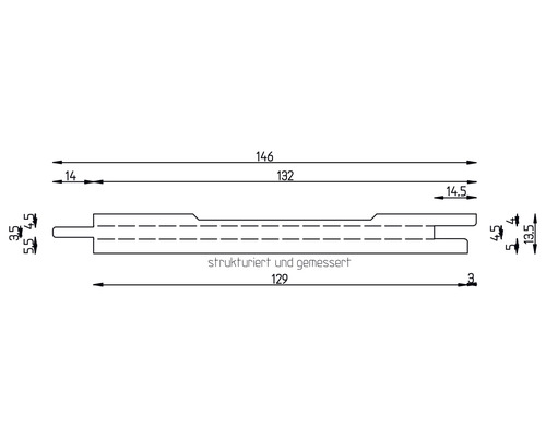 Technische Zeichnung eines strukturierten und gemesserten Holzprofils mit Maßangaben.