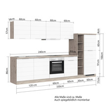 Küchenzeile mit Ober- und Unterschränken sowie eingebautem Ofen mit Maßangaben