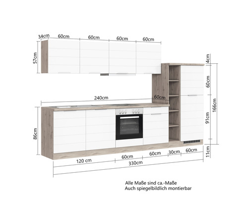 Küchenzeile mit Ober- und Unterschränken sowie eingebautem Ofen mit Maßangaben