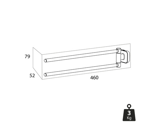 Technische Zeichnung einer schwenkbaren Handtuchstange mit Maßangaben und Gewichtsangabe