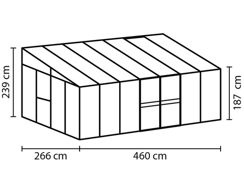 Abbildung eines Gewächshauses mit den Maßen 266 cm, 460 cm, 239 cm und 187 cm