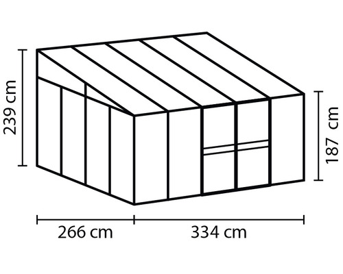 Abmessungen des Gewächshauses mit 266 cm, 334 cm, 239 cm und 187 cm