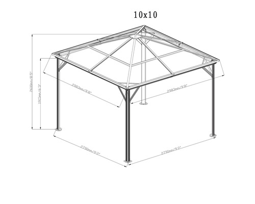 Zeichnung eines Pavillons mit Größenangaben.