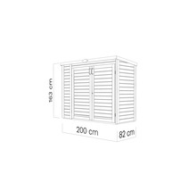 Gartenschrank mit den Maßen 163 cm Höhe, 200 cm Breite und 82 cm Tiefe.