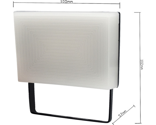 LED Wandleuchte mit den Maßen 105 mm Breite, 102 mm Höhe und 57 mm Tiefe.