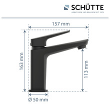 Schütte Armaturen Abmessungen: 163 mm Höhe, 157 mm Ausladung, 50 mm Durchmesser der Basis, 113 mm Höhe des Auslaufs