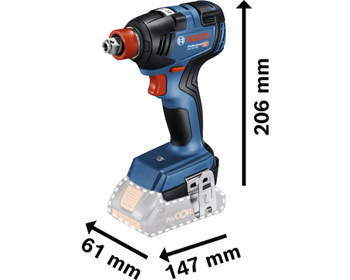 Abbildung eines Bosch Professional Akku-Schlagschraubers mit Maßangaben.