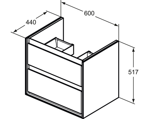 Technische Zeichnung eines Waschtischunterschranks mit den Maßen 440, 600 und 517 Millimeter.