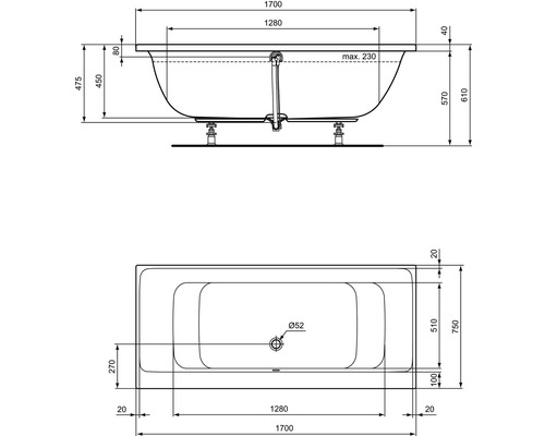 Technische Zeichnung einer Badewanne mit Maßangaben