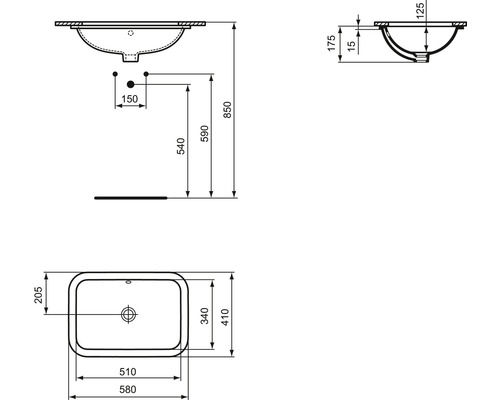 Technische Zeichnung eines Aufsatzwaschbeckens mit Maßangaben.
