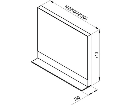 Technische Zeichnung einer Duschwand mit den Maßen 800, 1000 und 1200 mm Breite, 710 mm Höhe und 150 mm Tiefe.