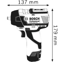 Abbildung des Bosch GDX 18V-200 Professional Akku-Schlagschraubers mit Maßangaben: 137 Millimeter Länge und 179 Millimeter Höhe.