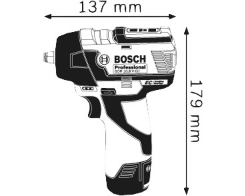 Abbildung des Bosch GDX 18V-200 Professional Akku-Schlagschraubers mit Maßangaben: 137 Millimeter Länge und 179 Millimeter Höhe.