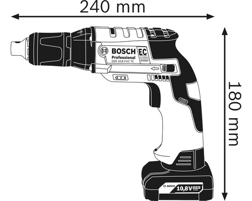 Bosch GSR 10,8 V-EC TE Akku-Trockenbauschrauber Abmessungen: 240 mm Länge, 180 mm Höhe