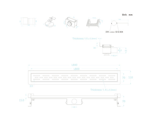 Technische Zeichnung einer Ablaufrinne mit Maßen in Millimeter