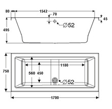 Technische Zeichnung einer Badewanne mit Maßangaben