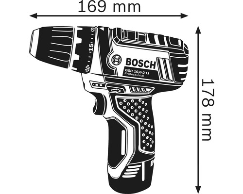 Abbildung des Schraubers mit Abmessungen: 169 mm breit und 178 mm hoch