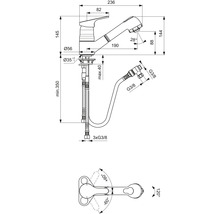 Technische Zeichnung einer Küchenarmatur mit ausziehbarer Brause und den zugehörigen Maßen.