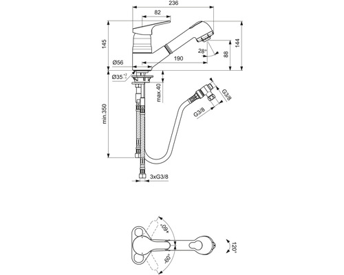 Technische Zeichnung einer Küchenarmatur mit ausziehbarer Brause und den zugehörigen Maßen.