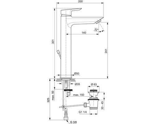 Technische Zeichnung einer Armatur mit Maßangaben