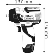Abbildung des Bosch GDS 12V-115 Akku-Schlagschraubers mit den Maßen 137 mm Breite und 179 mm Höhe