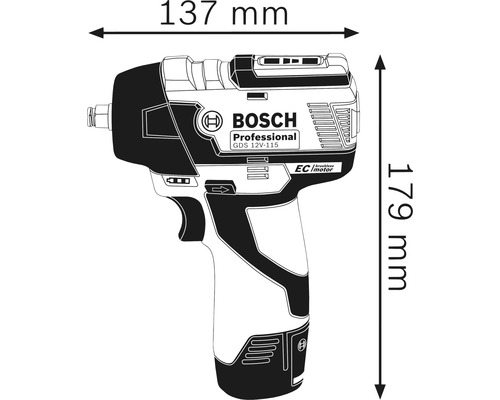 Abbildung des Bosch GDS 12V-115 Akku-Schlagschraubers mit den Maßen 137 mm Breite und 179 mm Höhe