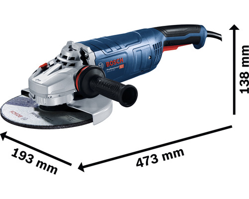 Bosch Winkelschleifer mit den Maßen 473 mm Länge, 193 mm Breite und 138 mm Höhe