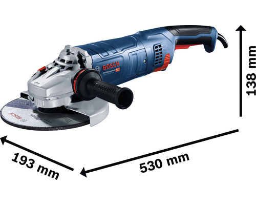Bosch Winkelschleifer mit den Maßen 530 mm Länge, 193 mm Breite und 138 mm Höhe